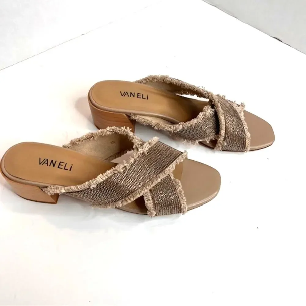 Vaneli Hedda Natural Canvas Fringe Block Heel Slide Sandals 8N Boho Chic